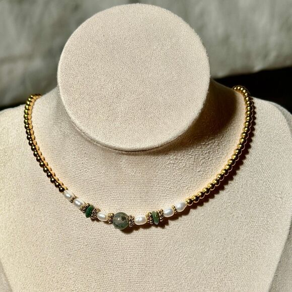 Moss Agate Layer Necklace for Women Gold Silver Pearl Green Beaded Handmade - Picture 2 of 5